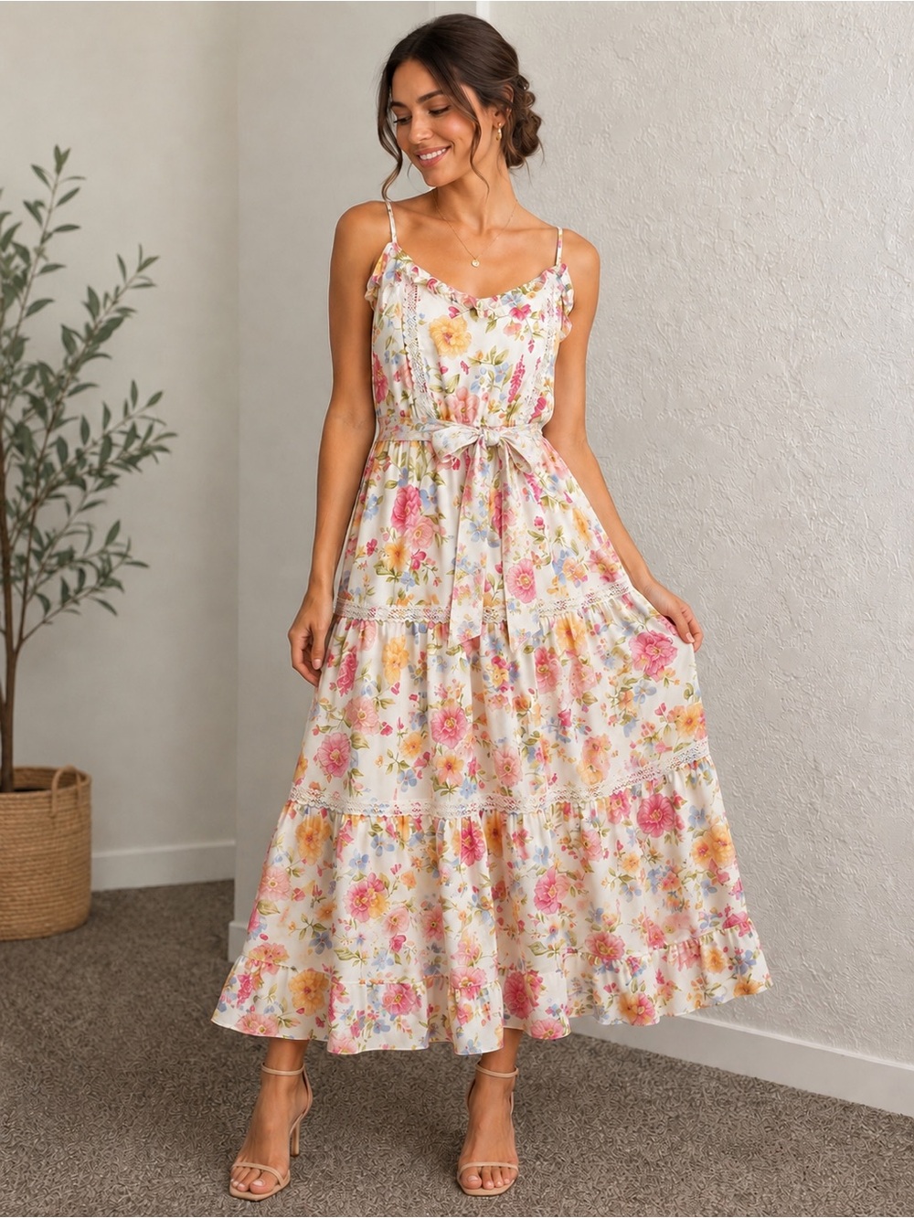 MINE Floral Tie-Waist Maxi Dress in White, Pink and Yellow